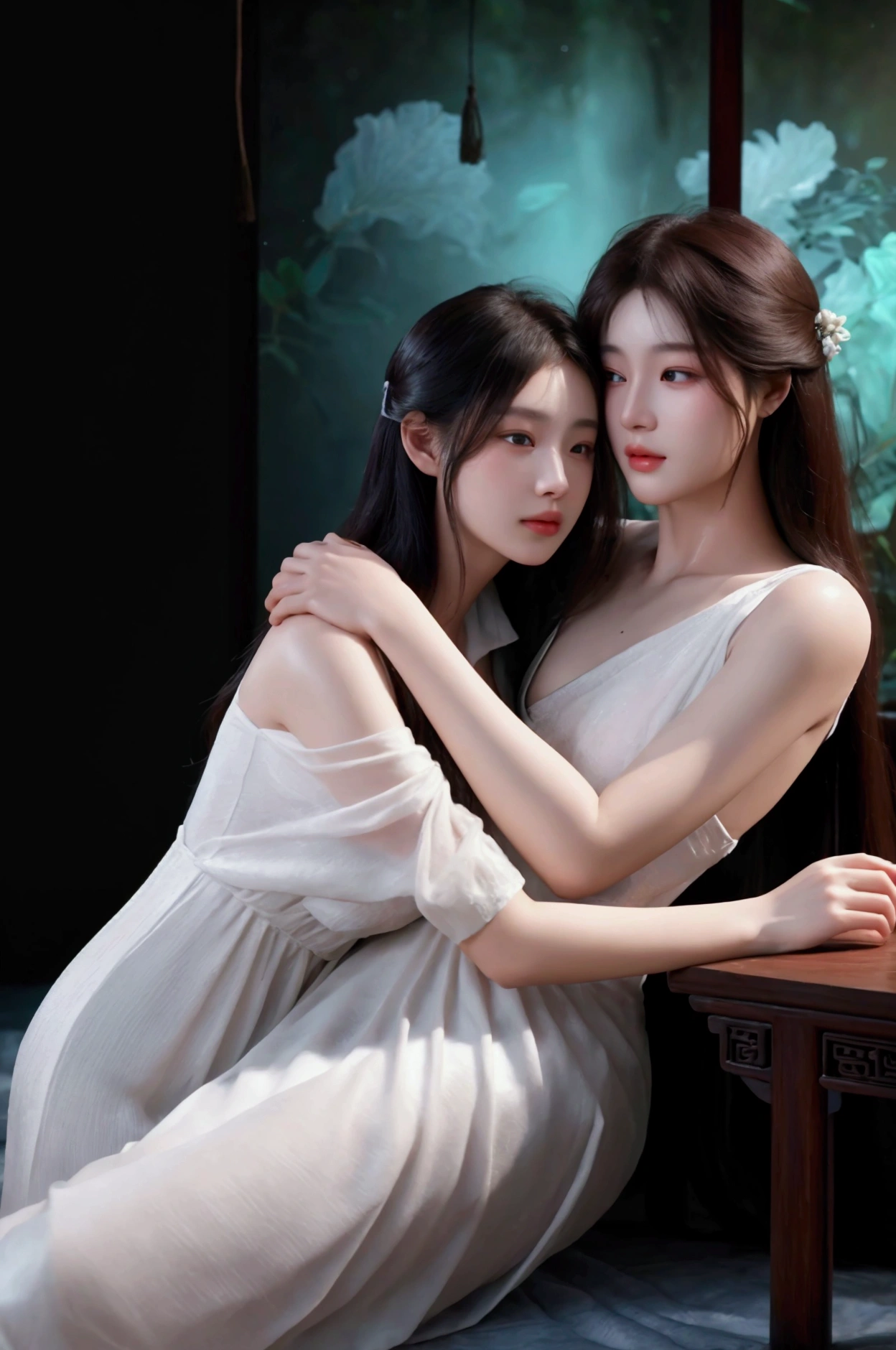best quality,4K,8ก,high resolution,table top:1.2,Very detailed,(realistic,realistic,Virtual image:1.37),A young woman in white clothes looked exhausted in the night forest. A young man stopped in front of her. The young man was wearing an ancient Chinese Tang Dynasty white dress. The atmosphere was dark, with only the moonlight shining through. The two stood hugging each other, staring into each other's eyes. A light rain was falling, and the thin, wet cloth hugged their bodies tightly.,ภาพวาดที่Very detailed,Sharp focus,Physical rendering,คำอธิบายรายVery detailed,professional,bright colors