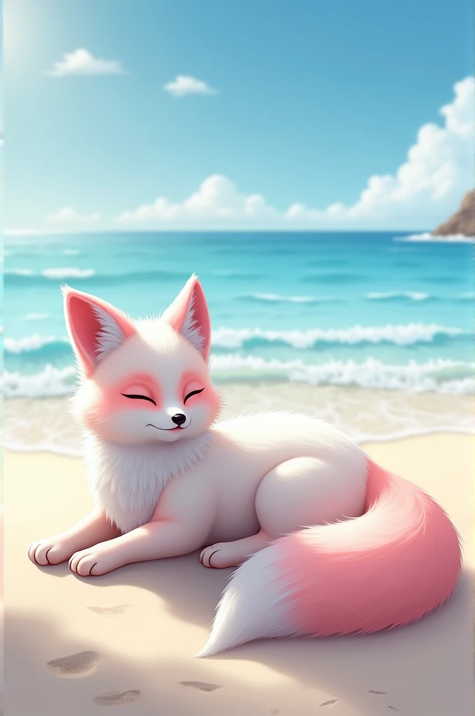 Furry female fox with white and pink fur resting on the beach, digital drawing