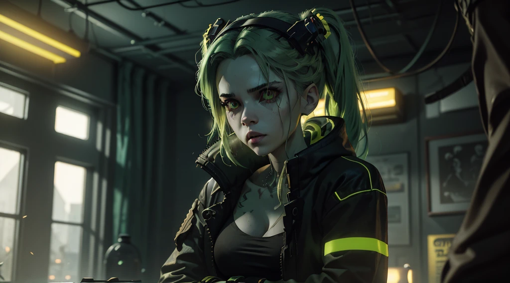 Rebecca from cyberpunk, yellow neon lights, green hair, The artwork is rendered in an edgy and realistic style, with high attention to detail and sharp focus. The colors are vivid and contrasted, with a slight desaturation to create a moody atmosphere. shadowy highlights enhancing the overall composition. The medium used is a digital illustration, with a touch of photo-realistic elements to add depth and texture to the image. The final result is a masterpiece in ultra-high resolution,