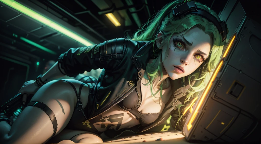 Rebecca from cyberpunk, yellow neon lights, green hair, The artwork is rendered in an edgy and realistic style, with high attention to detail and sharp focus. The colors are vivid and contrasted, with a slight desaturation to create a moody atmosphere. shadowy highlights enhancing the overall composition. The medium used is a digital illustration, with a touch of photo-realistic elements to add depth and texture to the image. The final result is a masterpiece in ultra-high resolution,