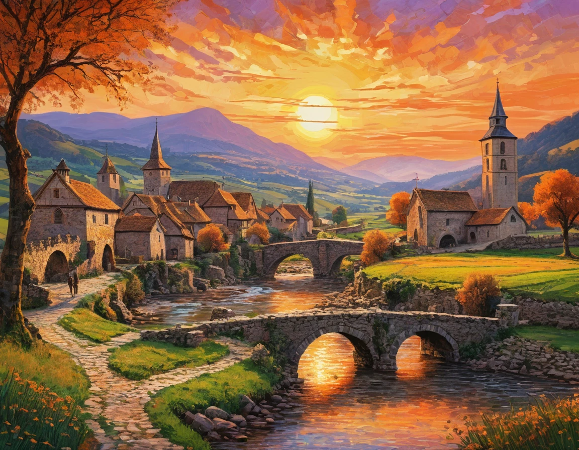 Masterpiece, high resolution, best composition, medieval European countryside, beautiful sunset, breathtaking beauty, with farmer's hamlet, church standing, river flowing, stone bridge, mountains in the distance, orange tinted sky, creating imaginative and stunning images, ((neo-ink Impressionism)), vivid colors, crisp images.
