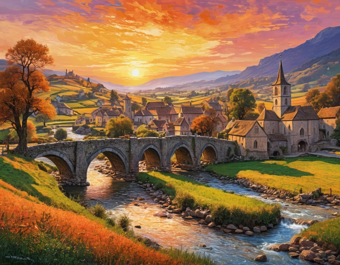 Masterpiece, high resolution, best composition, medieval European countryside, beautiful sunset, breathtaking beauty, with farmer's hamlet, church standing, river flowing, stone bridge, mountains in the distance, orange tinted sky, creating imaginative and stunning images, ((neo-ink Impressionism)), vivid colors, crisp images.