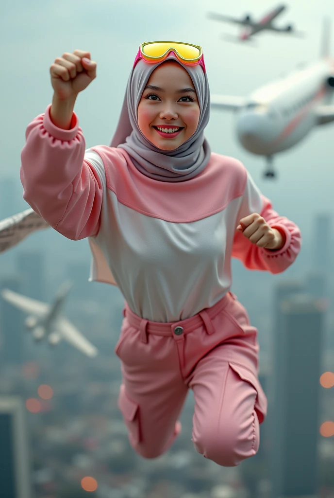 Malaysia women a realistic masterpiece. Human .wear pink watch.. 1girl wearing a hijab. detailed beautiful face, Hijab Muslim. Wear long sleeve moder design mixed sew pink white loose size. Small detail , honeycomb suit. Pink cargo pant.. . anger face, minimalist flower on shirt. . anger face. Open mouth. Fly high beside aeroplane. Wear pink white. Wear small Safety Pink yellow glasses google spectacle top on head. . Age 20 year old. Flying position. Fast fly. Panning effect Photography . Flying high hand under aeroplane have a super strong power.. punch . Fight pose. Bokeh background. fist front.. At the city. Bad waether. , detailed lips, long eyelashes. Hero, modest expression, delicate facial features, natural skin tones, , detailed folds and textures of hijab, natural lighting, high quality, photorealistic, 8k, best quality. Malaysia girl. Floating newspaper. ). . . Braces teeth. Boleh background. Panning effect. Fast flying.