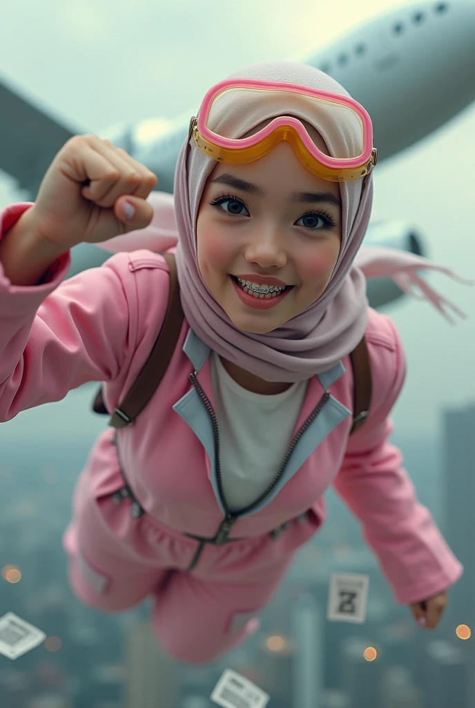 Malaysia japan women a realistic masterpiece. Human .wear pink watch.. 1girl wearing a hijab. detailed beautiful face, Hijab Muslim. Wear long sleeve moder design mixed sew pink white loose size. Small detail ,cargo suit , jacket pink. Pink cargo pant.. . anger face, minimalist flower on shirt. . anger face. Open mouth. Wear pink white. Wear small Safety Pink yellow glasses google spectacle top on head. . Age 20 year old. Flying position. Fast fly. Panning effect Photography . Flying have a super strong power.. punch. Flying beside jetfighter . Fight pose. Bokeh background. fist front.. At high sky, lot of cloud , detailed lips, long eyelashes. Hero, modest expression, delicate facial features, natural skin tones, , detailed folds and textures of hijab, natural lighting, high quality, photorealistic, 8k, best quality. Malaysia girl. . ). . . Braces teeth. Boleh background. Panning effect. Fast flying.