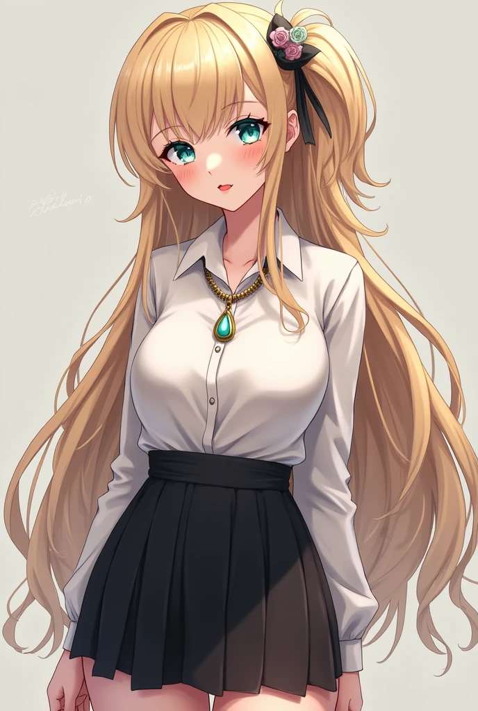works, best quality, girl, long hair alternative, absurdly long hair, blonde hair, bow hair, aqua eyes, seductive smile, tongue, black eyes, longeyelashes, big breasts, mole on the chest, white shirt, short black skirt, shoes, pendant, hair ribbon, flower ribbon, hair_ribbon, hair_ribbon, hair_flower