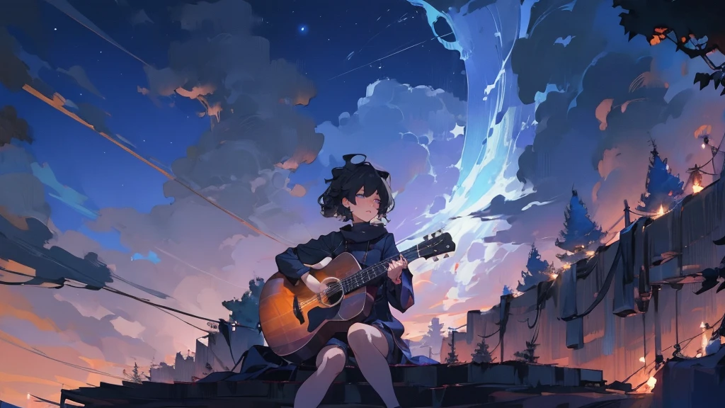 masterpiece,night,(dark alley),star、Night evening Sky、milky way、octone、
(1. Female), (solo), Knee hugging sitting,acousticguitar