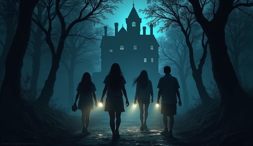 Neha and a group of friends walking through the dark forest at night, holding flashlights. Their expressions range from nervous to scared, as they approach the ominous mansion in the distance."