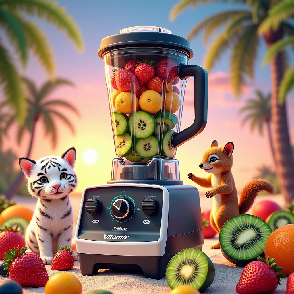 "Vibrant, Sunny beach scene、Featuring fashionable and trendy juicers, Blender, Slim, Vertical Vitamix Blender. Images are realistically rendered in 8K high resolution. The beach is littered with a variety of colorful fruits. Mini Characters, Including White Tiger Cub, kitten, And two baby squirrels, Playfully placed on the sand, Away from Vitamix. The overall atmosphere is vibrant.、It captures the essence of a bright summer day., The stylish Vitamix mixer stands out as a central element."