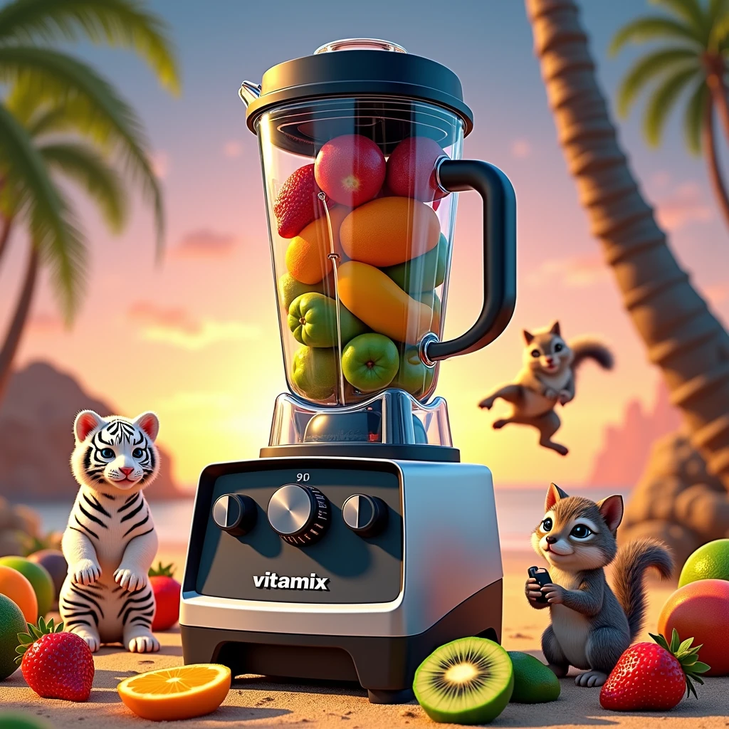 "Vibrant, Sunny beach scene、Featuring fashionable and trendy juicers, Blender, Slim, Vertical Vitamix Blender. Images are realistically rendered in 8K high resolution. The beach is littered with a variety of colorful fruits. Mini Characters, Including White Tiger Cub, kitten, And two baby squirrels, Playfully placed on the sand, Away from Vitamix. The overall atmosphere is vibrant.、It captures the essence of a bright summer day., The stylish Vitamix mixer stands out as a central element."