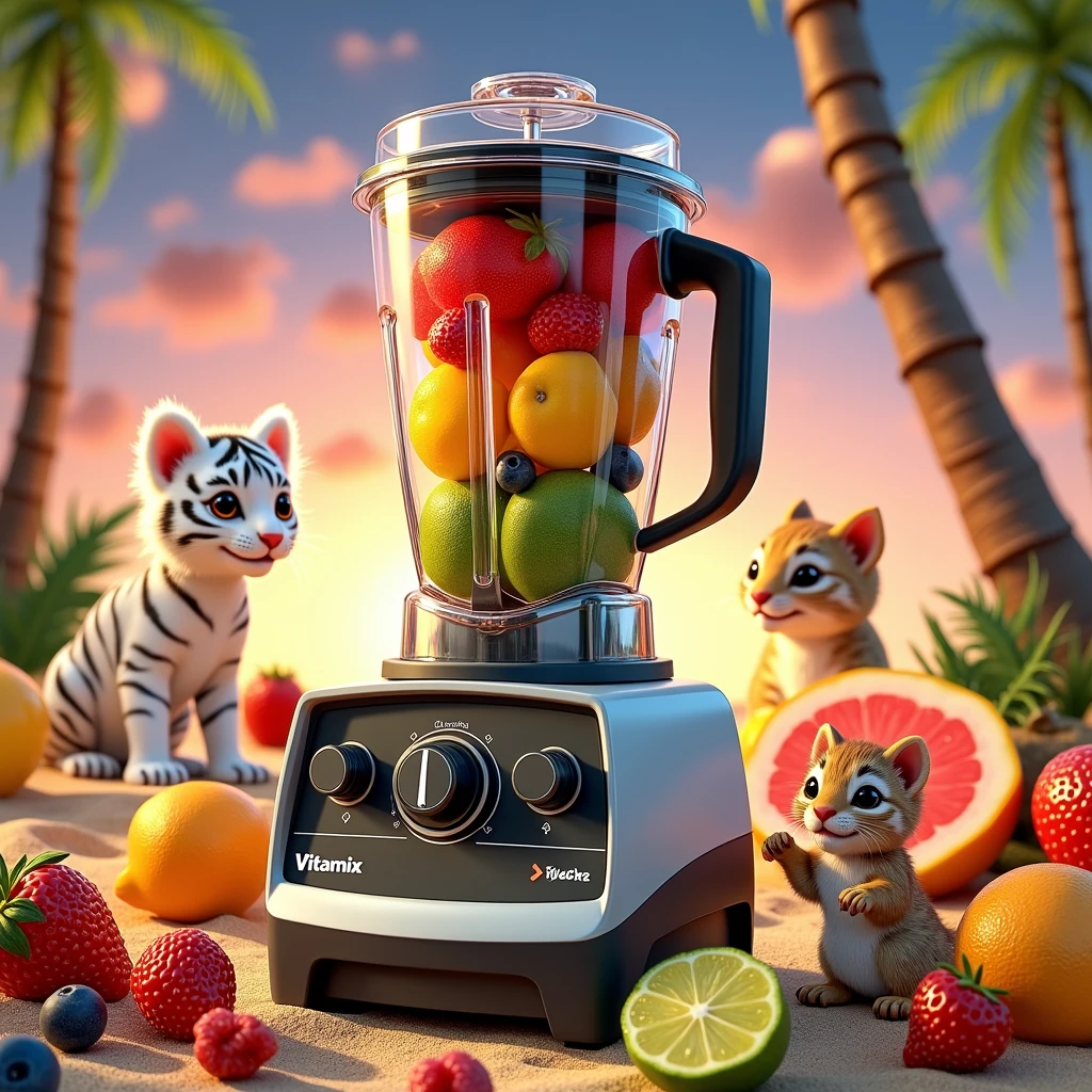 "Vibrant, Sunny beach scene、Featuring fashionable and trendy juicers, Blender, Slim, Vertical Vitamix Blender. Images are realistically rendered in 8K high resolution. The beach is littered with a variety of colorful fruits. Mini Characters, Including White Tiger Cub, kitten, And two baby squirrels, Playfully placed on the sand, Away from Vitamix. The overall atmosphere is vibrant.、It captures the essence of a bright summer day., The stylish Vitamix mixer stands out as a central element."