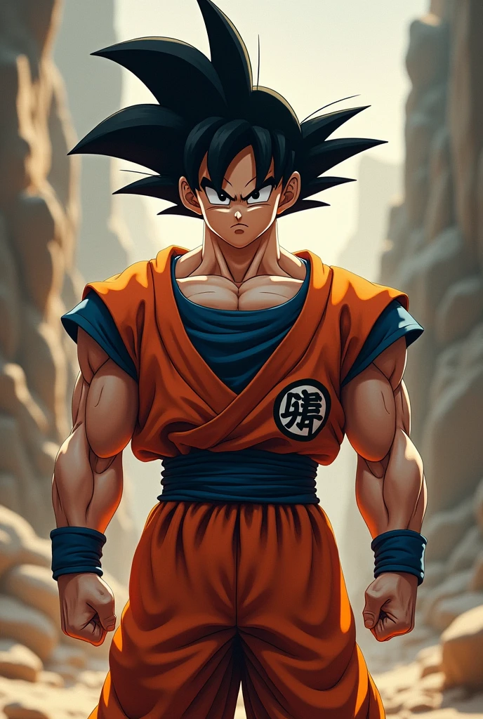 Best quality, masterpiece, expressionless, ultra high res, detailed background, solo, muscular male, Son Goku, from dragon Ball, spiky black hair, cowboy shot, real shadow and lighT,  eye focus, manly, mature, full body, anatomically correct,
