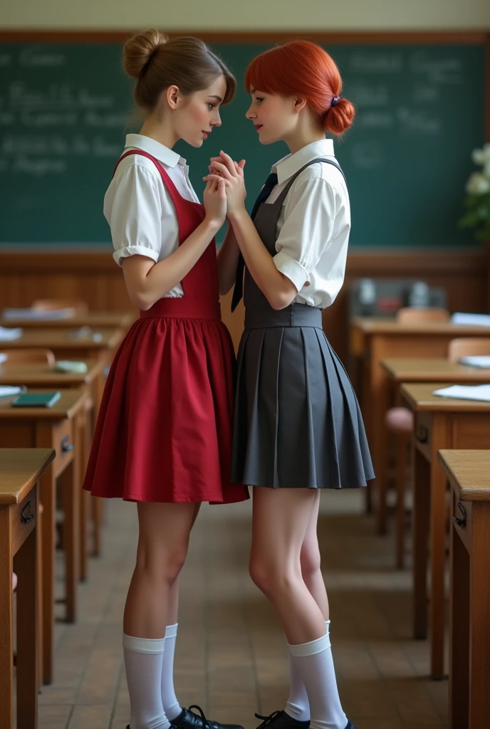 Realistic photo set in a British classroom. There is a beautiful 21-year-old Caucasian woman with light-brown hair in a bun; she is wearing a short red a-line dress; she is standing over a pretty 18-year-old red-haired Caucasian woman wearing a white shirt and a dark-grey tie and a dark-grey pleated miniskirt and plain-white long knee-socks.