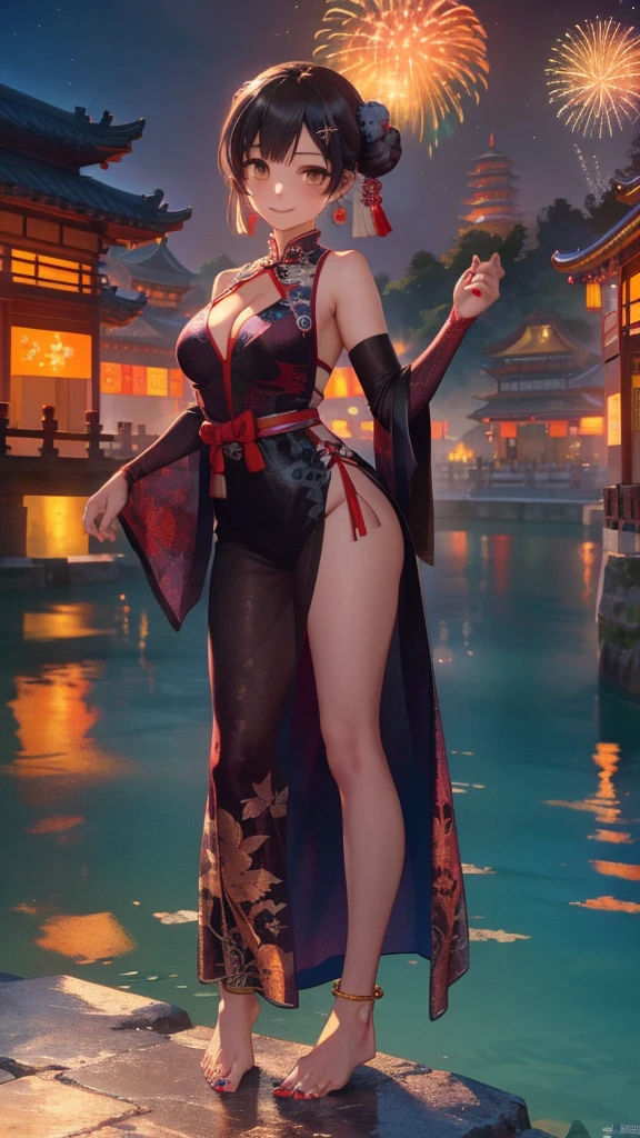 masterpiece,best quality,official art,extremely detailed CG unity 8k wallpaper, (wide shot),1girl, (Miyu Edelfelt),,black hair,brown eyes,seductive smile,(cleavage cutout), barefoot, see-through dress, butterfly, butterfly hair ornament, backless dress, sheer see-through chinese clothes,sleeveless, double bun,golden dragon print,bare foot,spread legs,elbow gloves,hair bun, hair ornament,jewelry,earrings,bead anklet,slim legs,nail polish, large natural breasts, solo, toenail polish, toenails, toes, twintails,outdoor,Chinese style architecture, Chinese style, lake, ancient town, beautiful and meticulous water,the red lantern,fireworks,