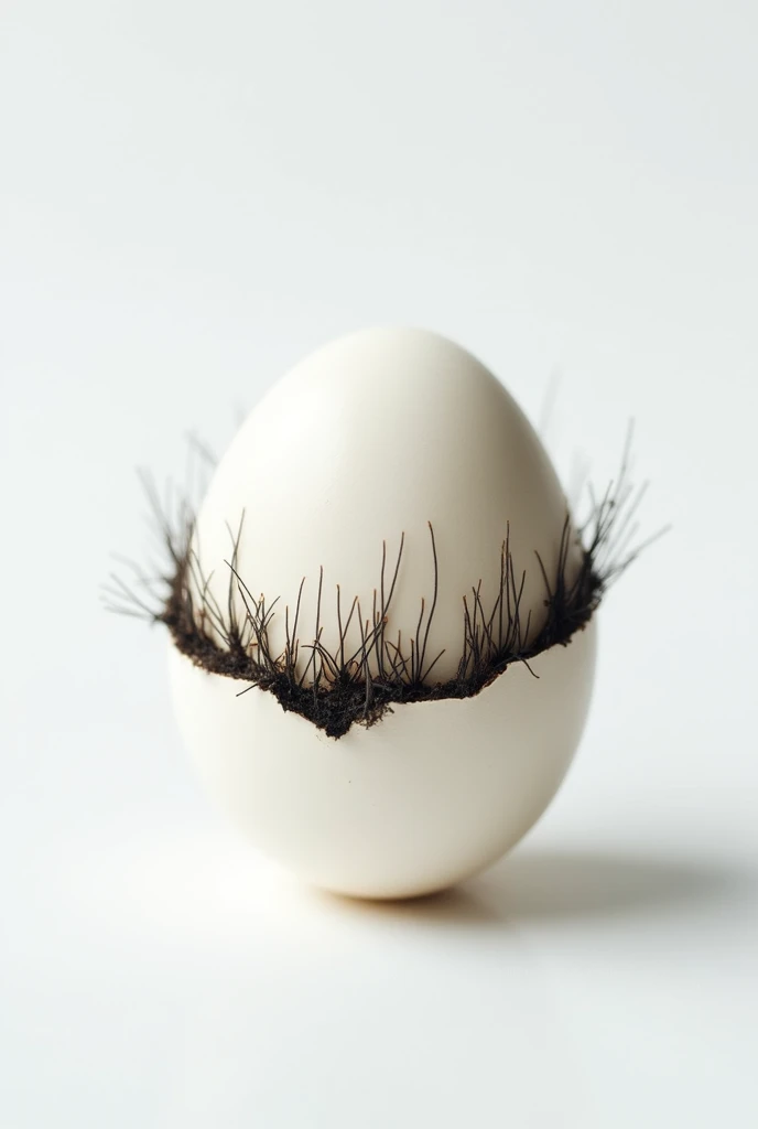 Photo of undamaged egg in white backkground, close up, short dark body hair growing from it's pores