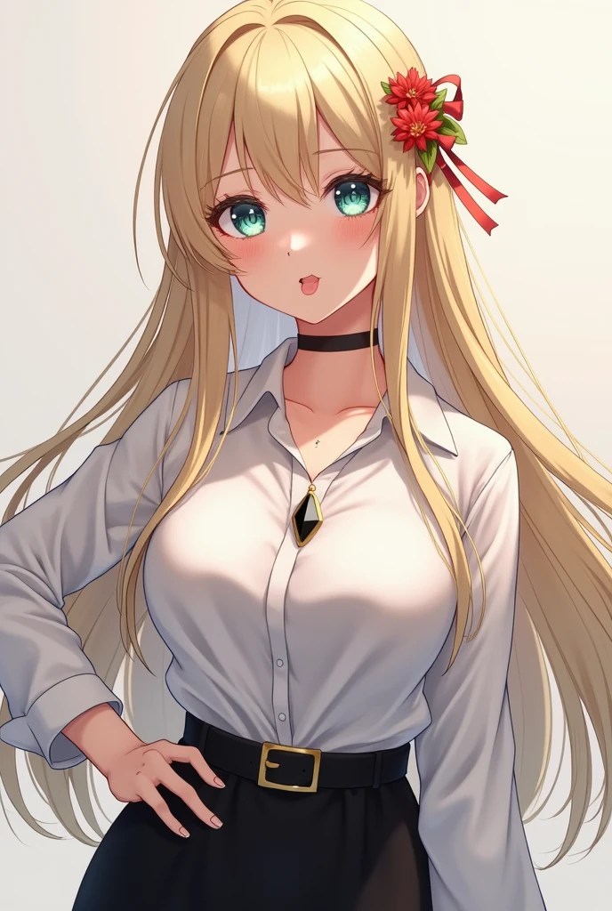 works, best quality, girl, long hair alternative, absurdly long hair, blonde hair, bow hair, aqua eyes, seductive smile, tongue, black eyes, longeyelashes, big breasts, mole on the chest, white shirt, short black skirt, shoes, pendant, hair ribbon, flower ribbon, hair_ribbon, hair_ribbon, hair_flower