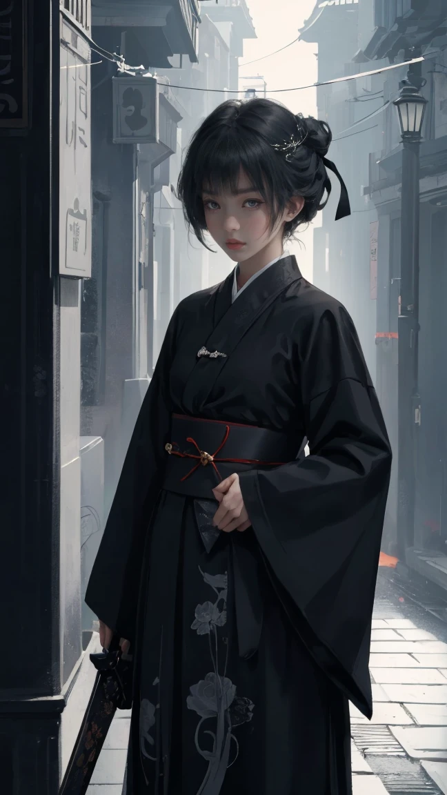 Wearing a black and white yukata and holding a sword、Beautiful Korean woman with short grey hair. Surrealism style. Pastel Tones. Mid Shot. Dramatic Light.