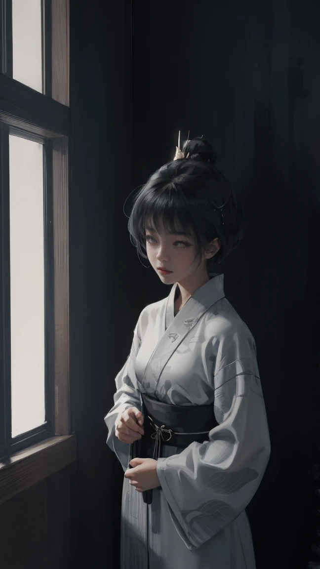 Wearing a black and white yukata and holding a sword、Beautiful Korean woman with short grey hair. Surrealism style. Pastel Tones. Mid Shot. Dramatic Light.