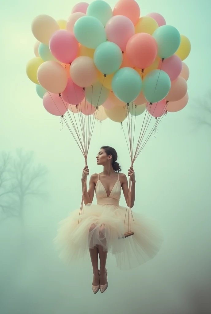 a woman sitting on a swing surrounded by balloons, a colorized photo, magical realism, feminine in pastel shades, floating in mist, glamorous composition, riding in the sky