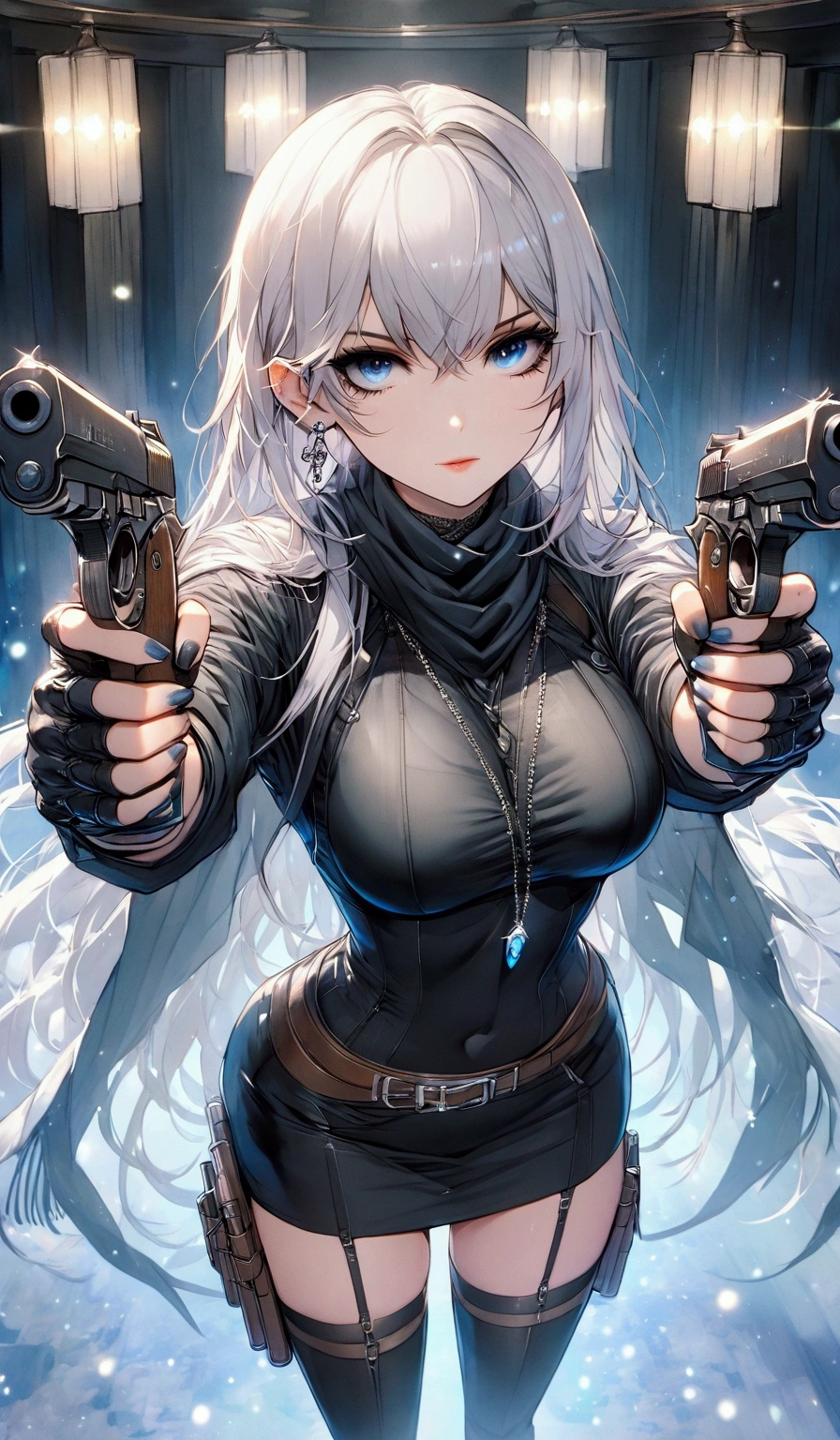 woman, stoic, straight silver hair, blue eyes, wearing black long sleeve turtleneck sweater, pencil skirt, long boots, medium breasts, eyelashes, panty hose, (full body), elegant, shooter, up scale lounge