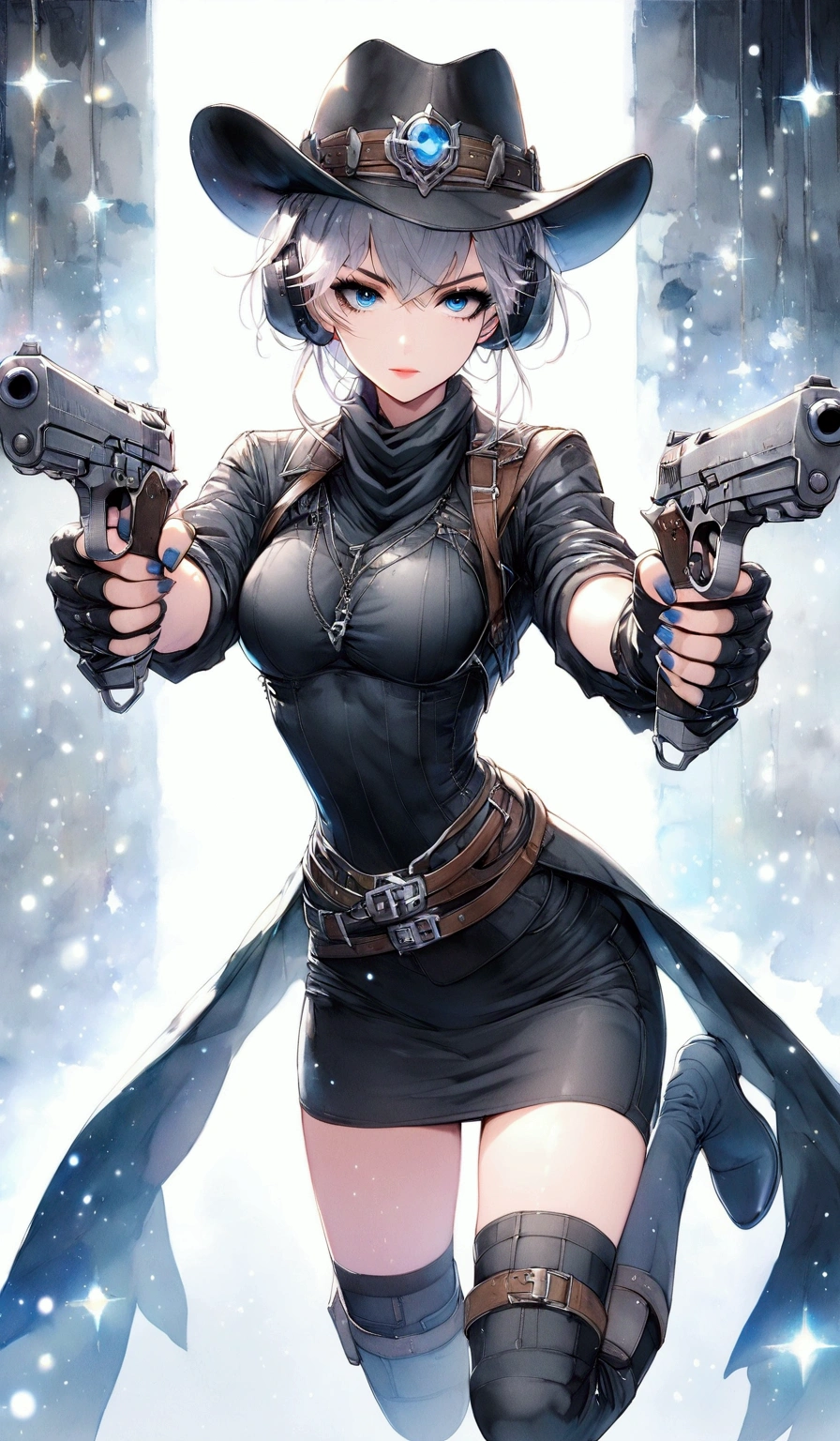 woman, stoic, straight silver hair, blue eyes, wearing black long sleeve turtleneck sweater, pencil skirt, long boots, medium breasts, eyelashes, panty hose, (full body), elegant, shooter, up scale lounge