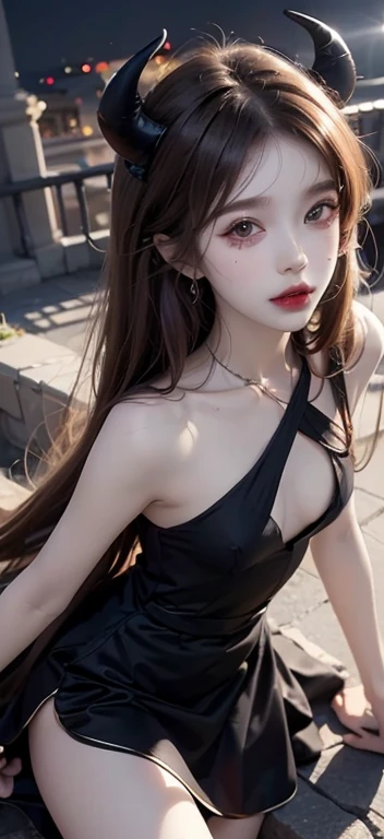 Horns、穿着带有骷髅的裙子的Anime Girl, ((Light brown hair))(Those who wear skirts, gothic maiden Anime Girl, 穿着漂亮裙子的可爱Anime Girl, Anime cute art style, Anime Girl wearing a black dress, Night Core, (Anime Girl), Anime style 4k, Small curve, High-quality anime art style, Anime Girls, demon Anime Girls
