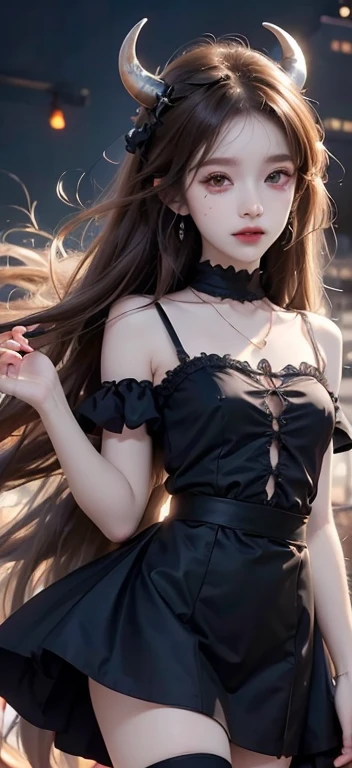 Horns、穿着带有骷髅的裙子的Anime Girl, ((Light brown hair))(Those who wear skirts, gothic maiden Anime Girl, 穿着漂亮裙子的可爱Anime Girl, Anime cute art style, Anime Girl wearing a black dress, Night Core, (Anime Girl), Anime style 4k, Small curve, High-quality anime art style, Anime Girls, demon Anime Girls