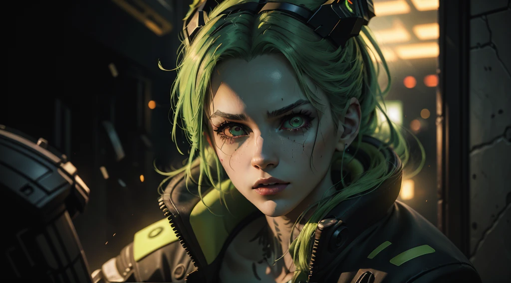 Rebecca from cyberpunk, yellow neon lights, green hair, The artwork is rendered in an edgy and realistic style, with high attention to detail and sharp focus. The colors are vivid and contrasted, with a slight desaturation to create a moody atmosphere. shadowy highlights enhancing the overall composition. The medium used is a digital illustration, with a touch of photo-realistic elements to add depth and texture to the image. The final result is a masterpiece in ultra-high resolution,