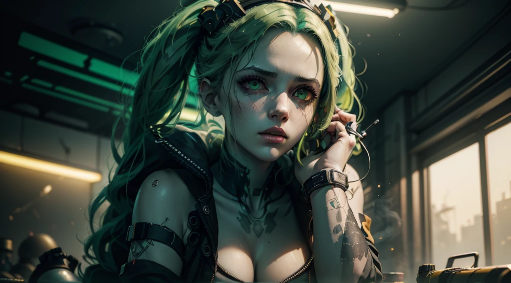 Rebecca from cyberpunk, yellow neon lights, green hair, The artwork is rendered in an edgy and realistic style, with high attention to detail and sharp focus. The colors are vivid and contrasted, with a slight desaturation to create a moody atmosphere. shadowy highlights enhancing the overall composition. The medium used is a digital illustration, with a touch of photo-realistic elements to add depth and texture to the image. The final result is a masterpiece in ultra-high resolution,