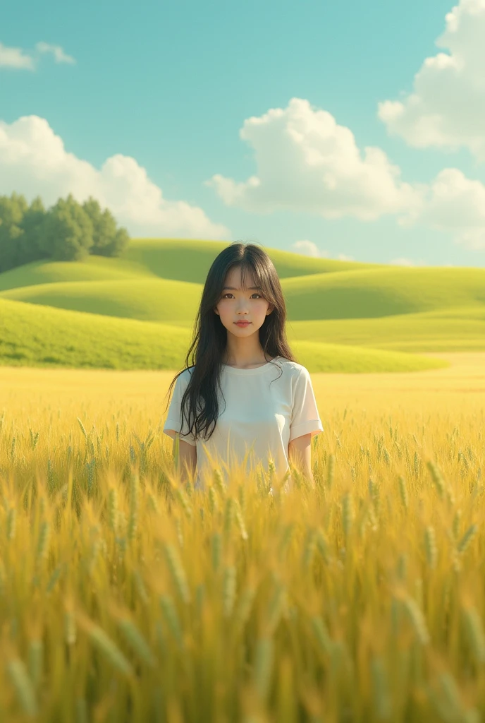 An Asian girl,Wearing a white school uniform top,Green wheat fields,Reality,Realistic Photography
