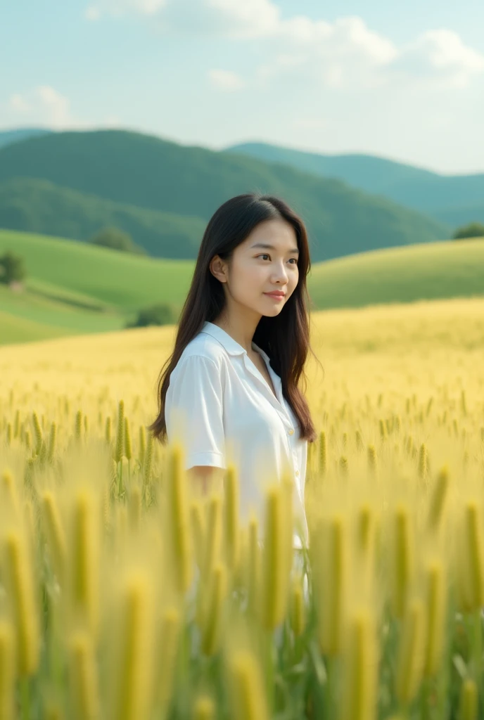 An Asian girl，Wearing a white school uniform top，Green wheat fields，Reality，Realistic Photography