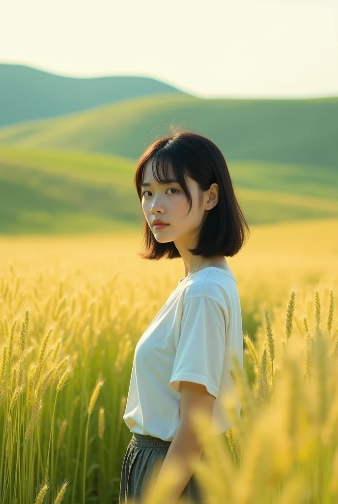 An Asian girl,Wearing a white school uniform top,Green wheat fields,Reality,Realistic Photography