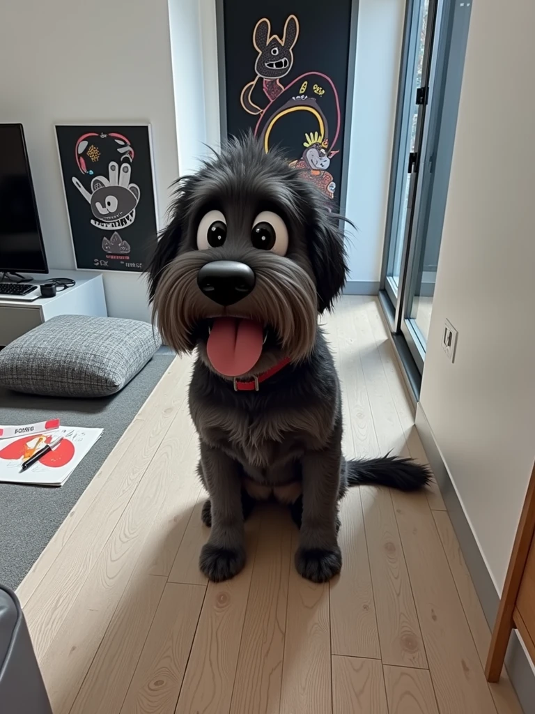 turn the black dog into a cartoon character, pixar style