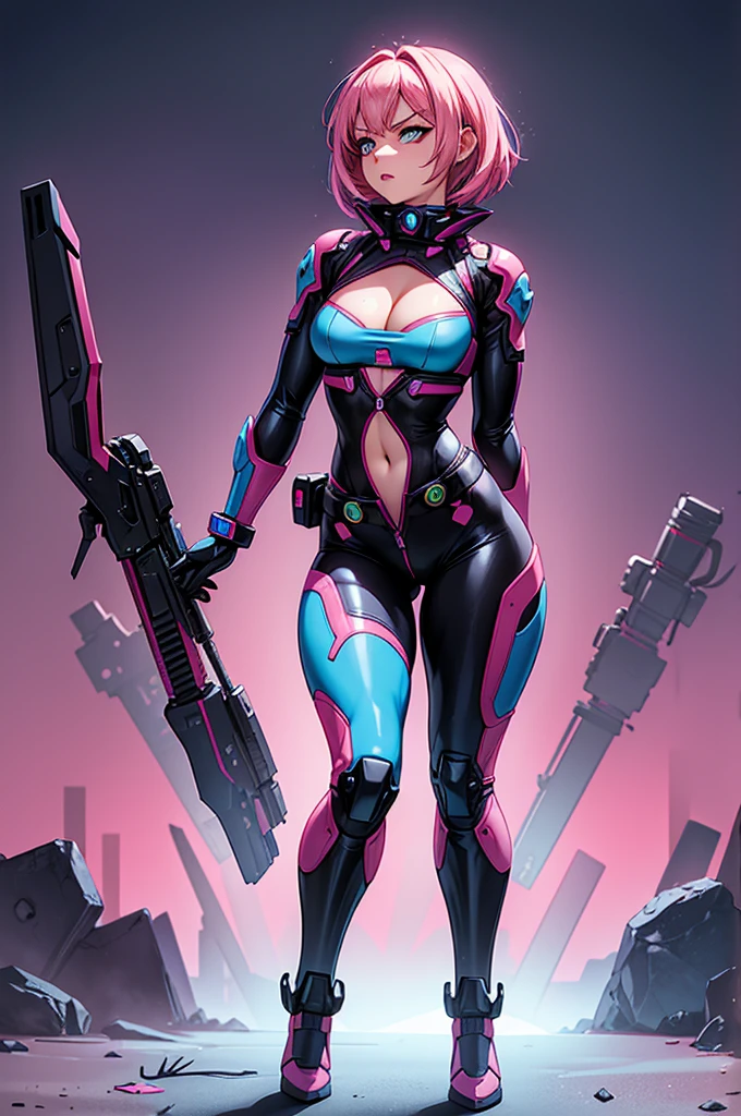 1 female, front view, pink hair, full body, feisty look realistic lips, neon blue techno spandex, small waist, wide hips, , exposed cleavage, fighting pose, pink tactical belt, standing in front of a mecha, hourglass figure, annoyed, in a jungle, short hair, best quality