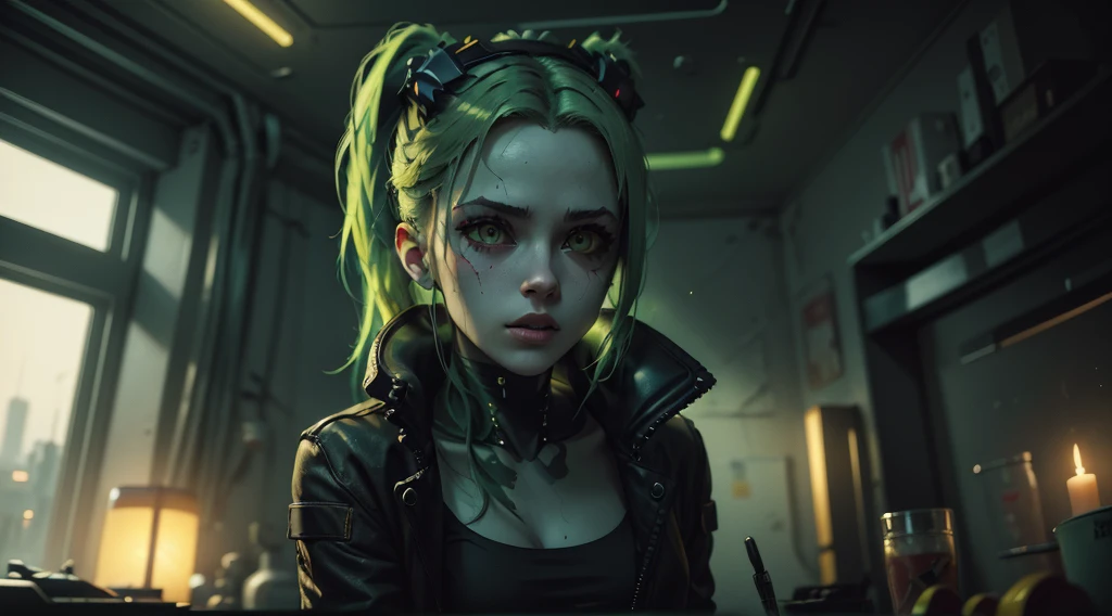 Rebecca from cyberpunk, yellow neon lights, green hair, The artwork is rendered in an edgy and realistic style, with high attention to detail and sharp focus. The colors are vivid and contrasted, with a slight desaturation to create a moody atmosphere. shadowy highlights enhancing the overall composition. The medium used is a digital illustration, with a touch of photo-realistic elements to add depth and texture to the image. The final result is a masterpiece in ultra-high resolution,