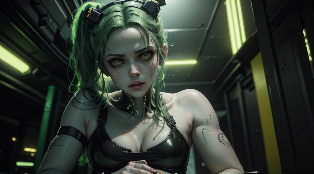 Rebecca from cyberpunk, yellow neon lights, green hair, The artwork is rendered in an edgy and realistic style, with high attention to detail and sharp focus. The colors are vivid and contrasted, with a slight desaturation to create a moody atmosphere. shadowy highlights enhancing the overall composition. The medium used is a digital illustration, with a touch of photo-realistic elements to add depth and texture to the image. The final result is a masterpiece in ultra-high resolution,