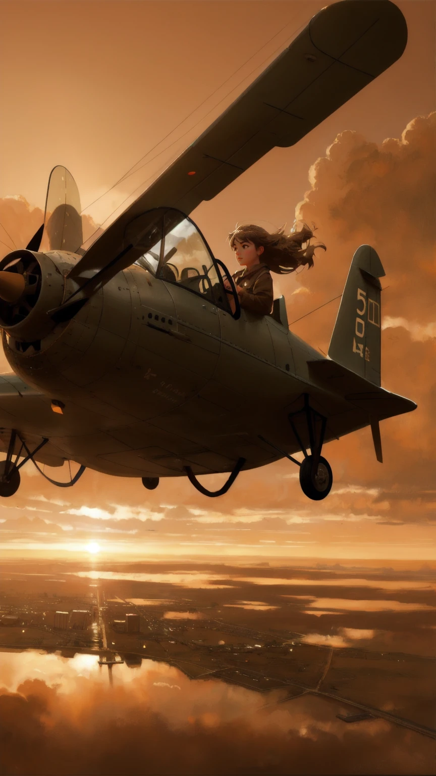 Create a scene with a beautiful, cute girl piloting a vintage, worn-out airplane in a dynamic aerial battle. The airplane has visible signs of wear, with parts held together by duct tape labeled 'Permanent Temporary Fix.' The background must be brown, reflecting a sepia-toned sky filled with clouds and other flying machines engaged in combat. The girl should have a determined and adventurous expression, matching the high-energy atmosphere