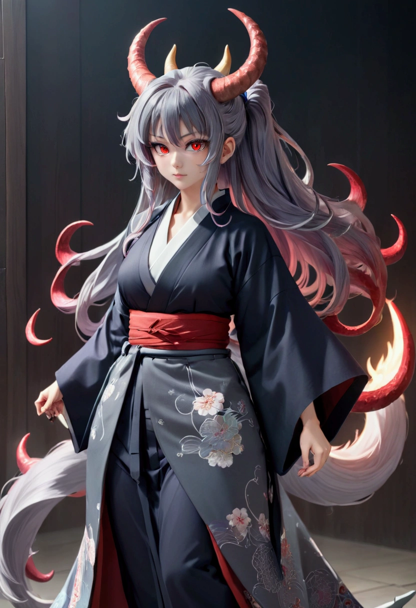 8k, Highest quality, Manga style, View your viewers, Intricate details,One person, Nakiri Ayame, 2Demon horns in the book, Multicolored Hair, Long Hair, Red eyes, Gray Hair, kimono, Standing with your legs apart,