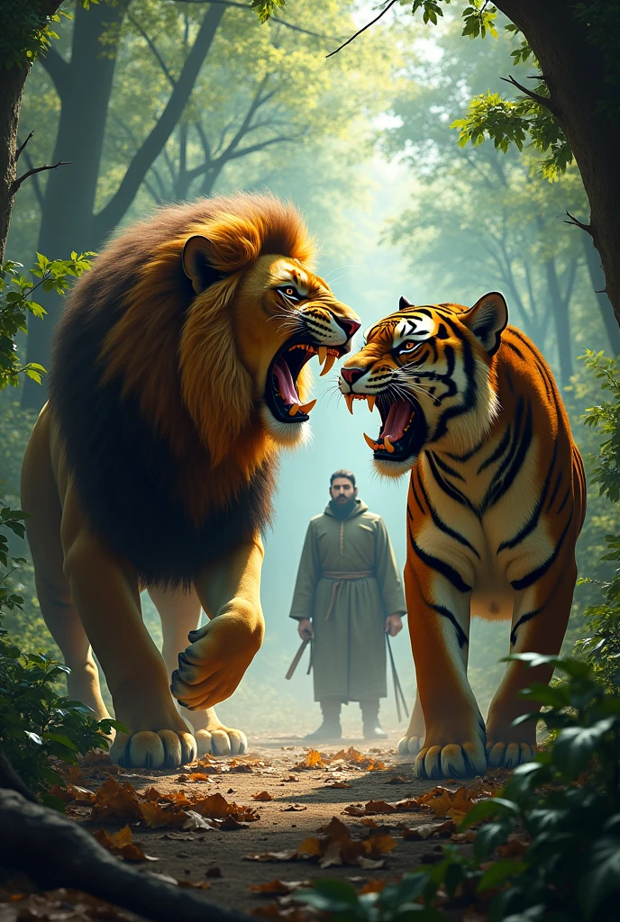 A picture in the forest with a lion and tiger looking ferocious, angry . Both are roaring . Their master is behind them