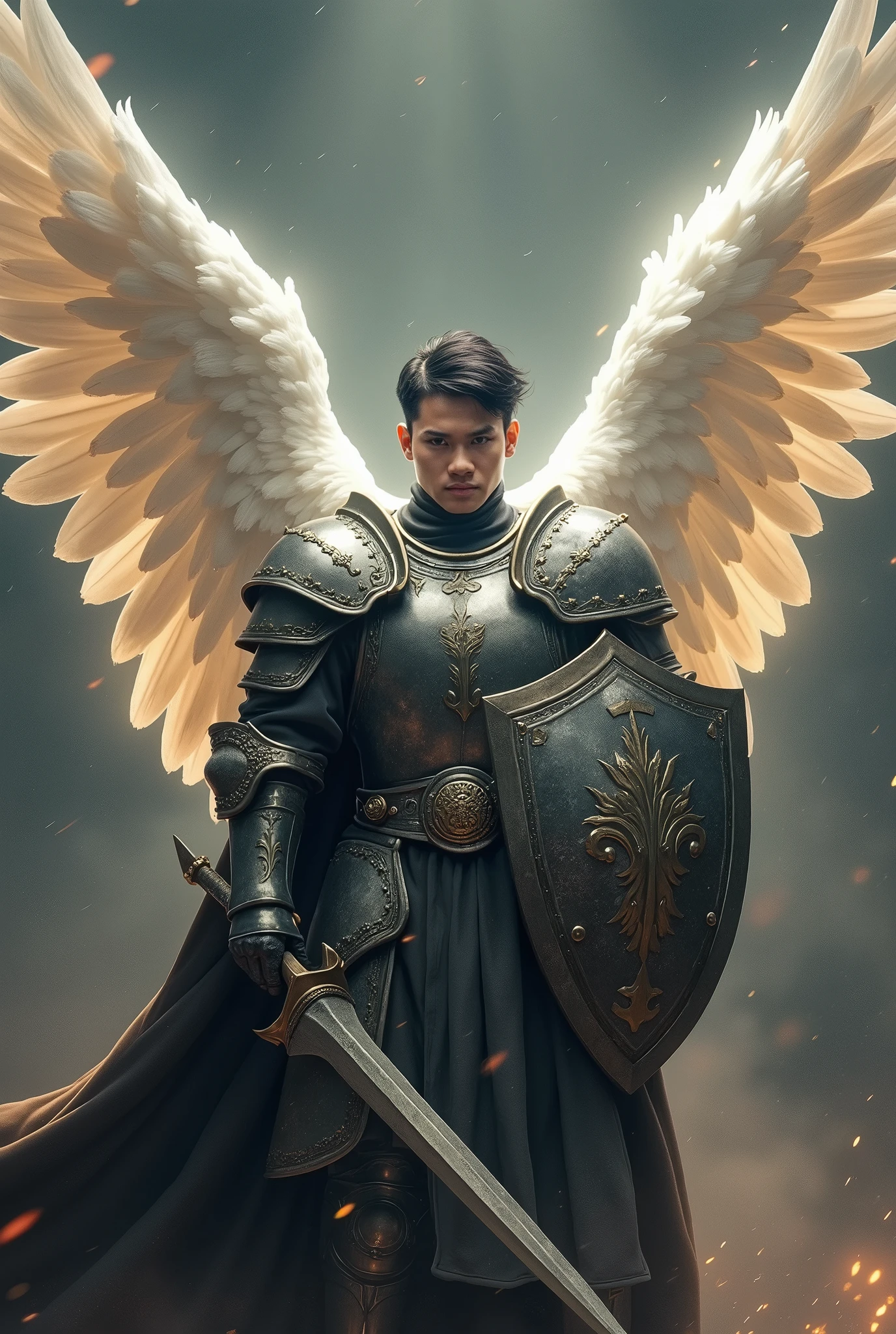 masterpiece, best quality, realistic, ultra detailed, movie poster style, dungeons and dragons character design, celestial, cute bruneian man with round face, soft facial features, muscular, stylish dark hair, majestic white angel wings, homoerotic heavy armor, holding up a shield that deflects arrows, god rays, extremely dramatic lighting, perfect fingers, perfect hands, perfection