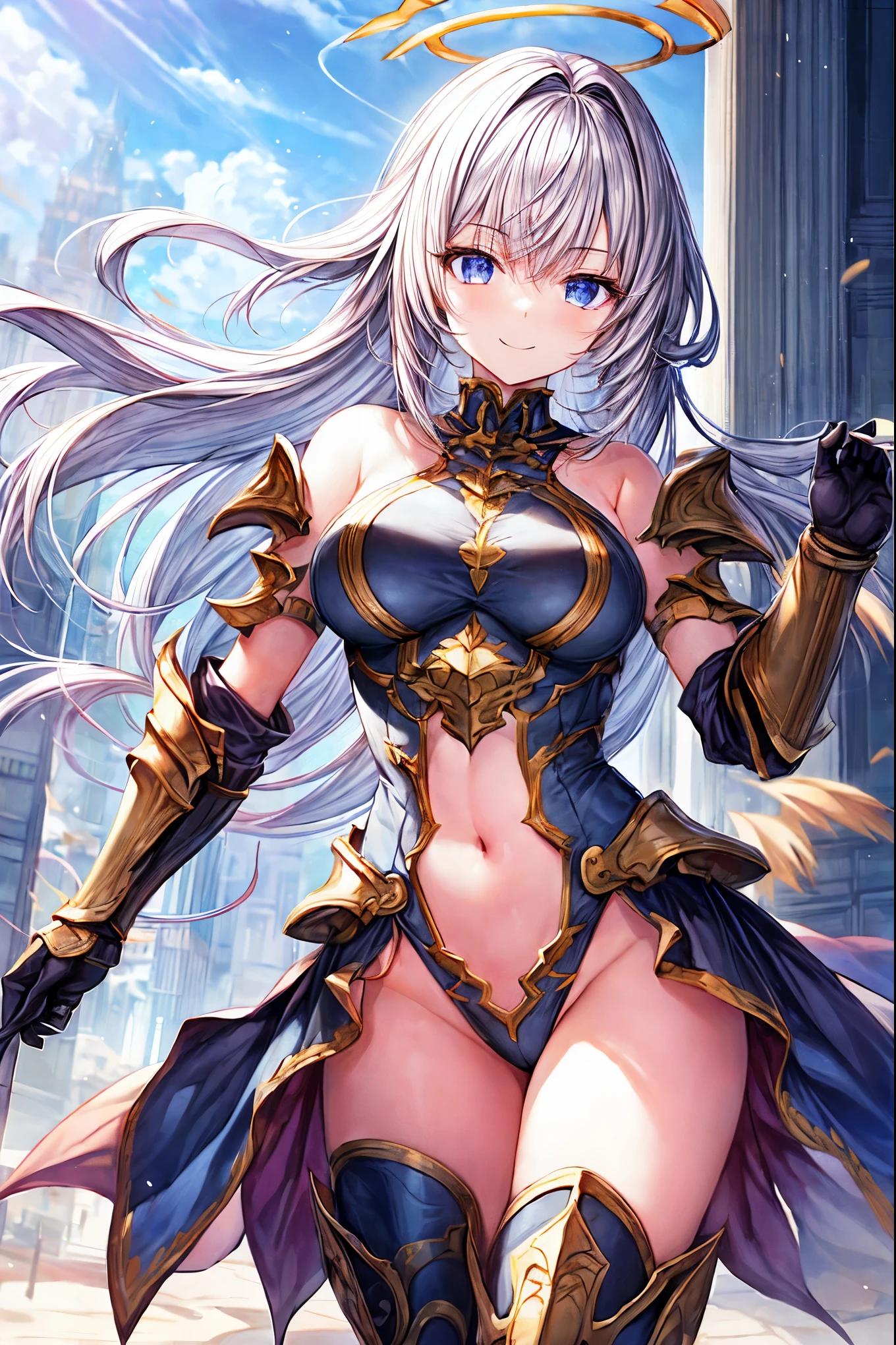 fantasy, 1angel_girl,(young_:1.5), ,brown_hair, medium_bob_hair, long_bangs, halo,bare_shoulder,thighhighs,silver_armor, waist_armor, large_breasts,1pair_wings, dynamic_pose_fighting,floating, bare_crotch, headgear,gauntlet, greaves,city_landscape_background,slightly_spread_legs, solo, groin_naked,smile