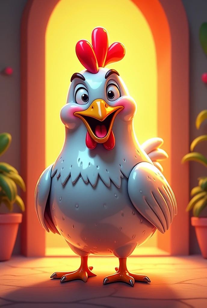 A vibrant, whimsical mascot illustration of a chicken, with a smiling anthropomorphic face, complete with bright, shining eyes and a cheerful, with bold, sharp lines and smooth, rounded shapes, blending modern digital art with a hint of retro flair, the broiler's metallic body a sleek, polished chrome, with a subtle shine and delicate texture, a few strategically placed highlights accentuating its curves and contours, the entire scene bathed in a warm, welcoming light that radiates energy and enthusiasm.