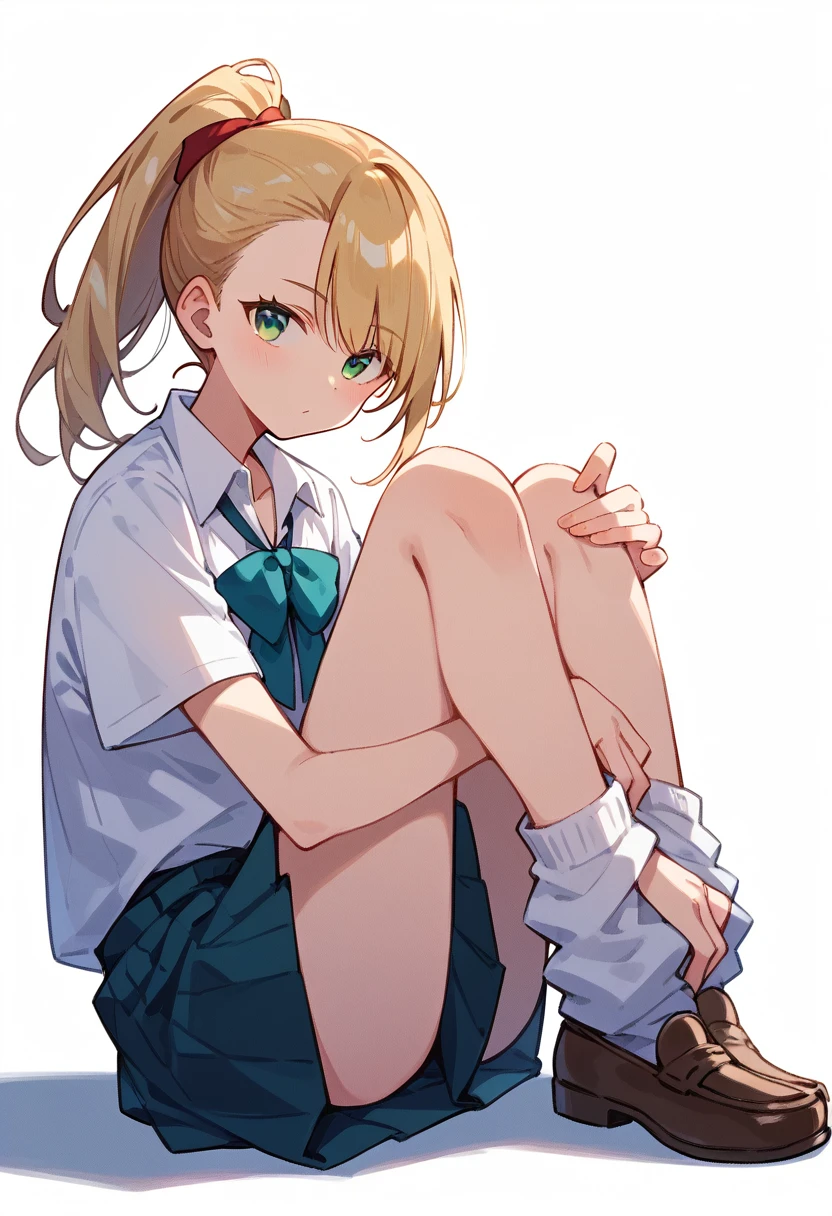 masterpiece, (score_9,score_8_up,score_7_up,score_6_up), 1 girl, green eyes, little sassy, ????? / cockslut / whore, skinny, tsurime, asymmetrical bangs, ponytail , (blond hair:1.3), (school uniform), (white collared shirt, plain pattern shirt, short sleeves, shirt tucked in:1), (red plain pattern narrow neck ribbon:1.2), brown loafers, white loose socks ,indian style(1.6),