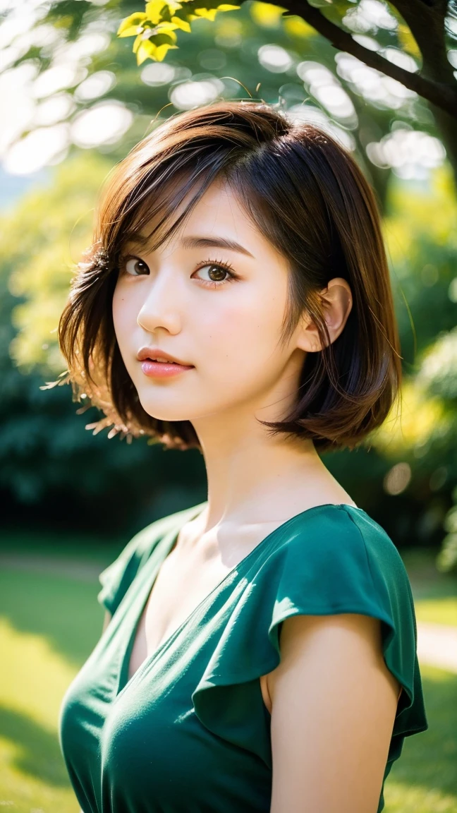 8K, Super cute young Japanese woman. --ar 3:4 --v 6.0, Fujicolor Pro 400H (120, 400 ISO) · Lomography, A portrait of a super cute Japanese girl, straight bob hairstyle, in a green park. Bust shot, sunlight filtering through the trees, soft bokeh in the background. Bright and cheerful atmosphere, detailed expression, soft shadows, warm light, natural look, hd quality, --ar 2:3