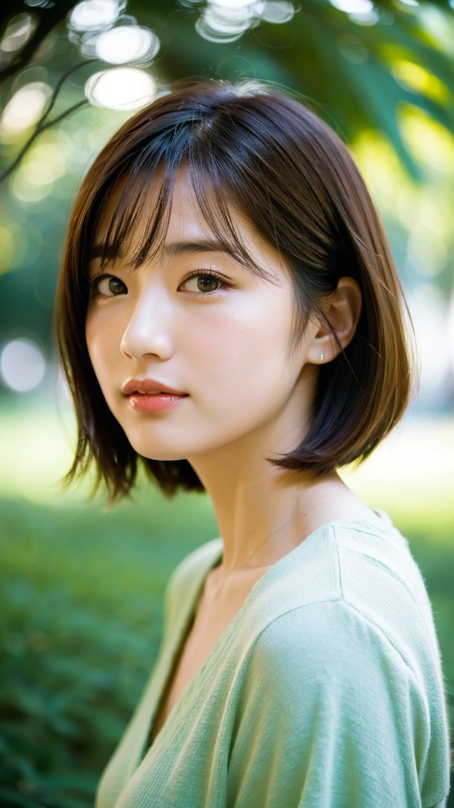 8K, Super cute young Japanese woman. --ar 3:4 --v 6.0, Fujicolor Pro 400H (120, 400 ISO) · Lomography, A portrait of a super cute Japanese girl, straight bob hairstyle, in a green park. Bust shot, sunlight filtering through the trees, soft bokeh in the background. Bright and cheerful atmosphere, detailed expression, soft shadows, warm light, natural look, hd quality, --ar 2:3