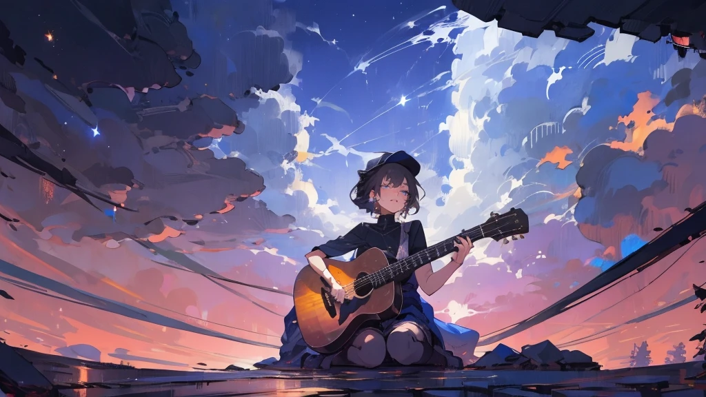 masterpiece,night,(dark alley),star、Night evening Sky、milky way、octone、
(1. Female), (solo), Knee hugging sitting，acousticguitar