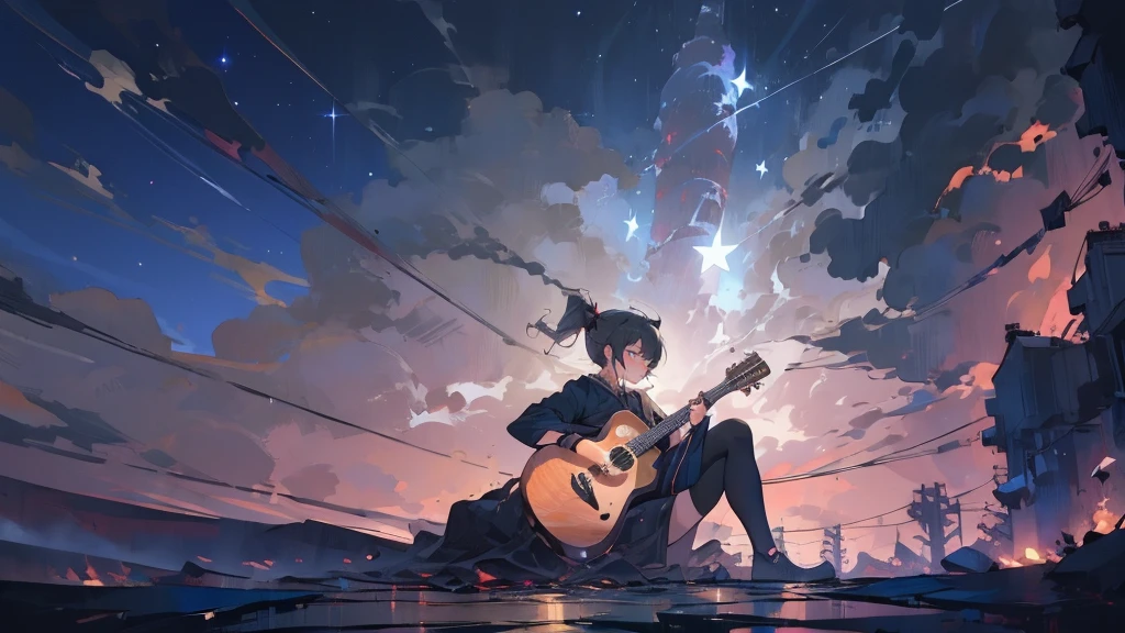 masterpiece,night,(dark alley),star、Night evening Sky、milky way、octone、
(1. Female), (solo), Knee hugging sitting，acousticguitar