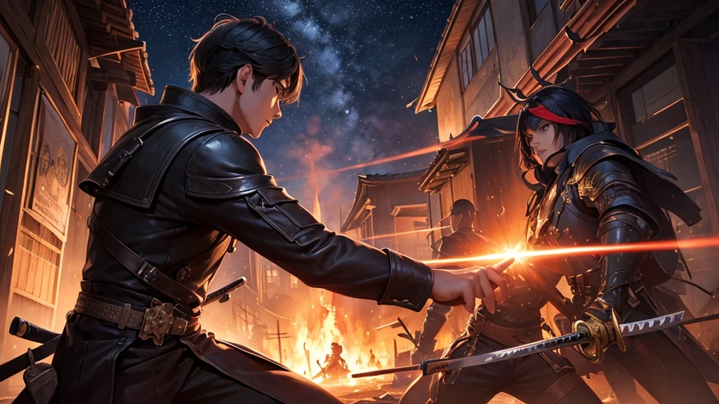 ((masterpiece)), (Best Quality),, official art, Extremely detailed CG unity 8k wallpaper, Very detailed, village destroyed by time, shiny skin, depth of field, vivid color,, 1 man,, (Whole body:0.6),, short hair, hits, Red eyes, katana, Facing an opponent, fire in the houses, Otro hombre Whole body, star (sky), Japanese fief, Final battle