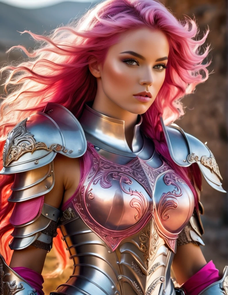 Very attractive 25 year old caucasian female with long wavy bright pink hair, is a beautiful, ethereal knight, cheveux blanc neige, in the style of Boris Vallejo, highly detailed sexy filigree armor, very detailed face, highly detailed skin, corps fort, Muscle definition, (Des proportions parfaites), Heavy metal aesthetics, fond de haute fantaisie, High quality, masterpiece, Realistic photo, Complex and detailed, 8k, hdr, faible profondeur de champ, Wide light, high contrast, backlight, Sharpness, Photo couleur brute, en regardant la caméra, couleurs fraîches, Diverses poses