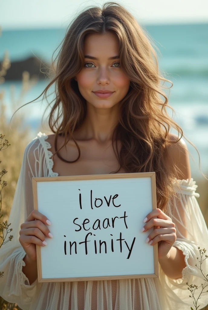 Beautiful girl with wavy long hair, bohemian dress, holding a white board with text "I Love Seaart Infinity" and showing it to the viewer