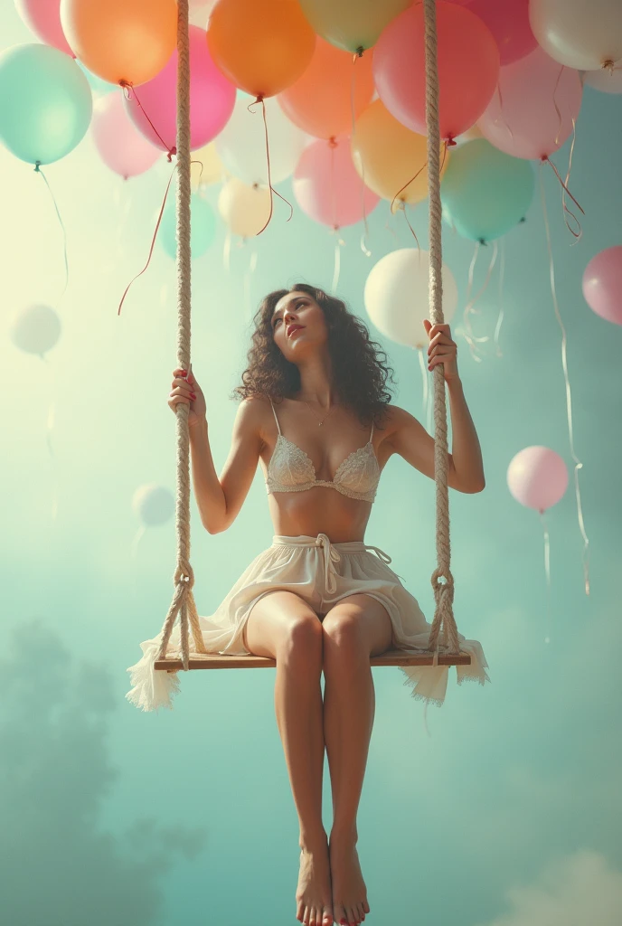 a woman sitting on a swing surrounded by balloons, a colorized photo, magical realism, feminine in pastel shades, floating in mist, glamorous composition, riding in the sky, Chest close-up, Spread your legs 30 degrees and show me your panties, 2024 New panties